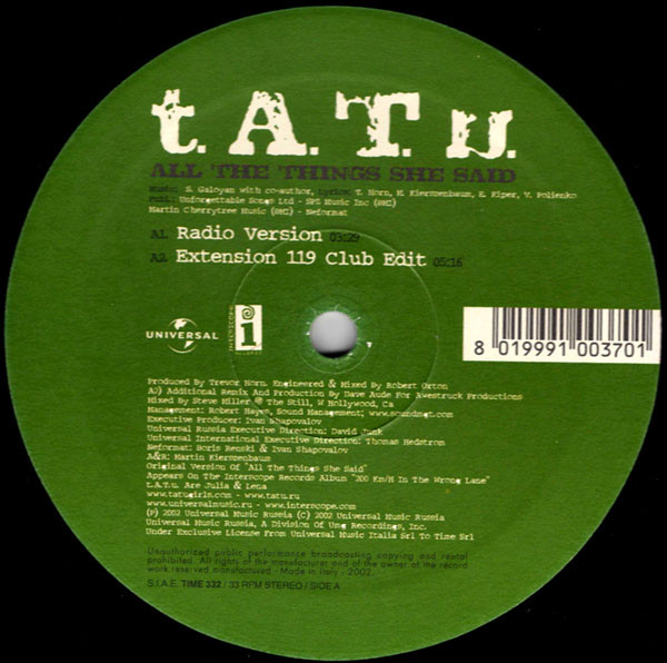 画像1: $ t.A.T.u. / ALL THE THINGS SHE SAID (ITALY) 穴ジャケ (TIME 332) 穴YYY340-4201-5-5 後程済